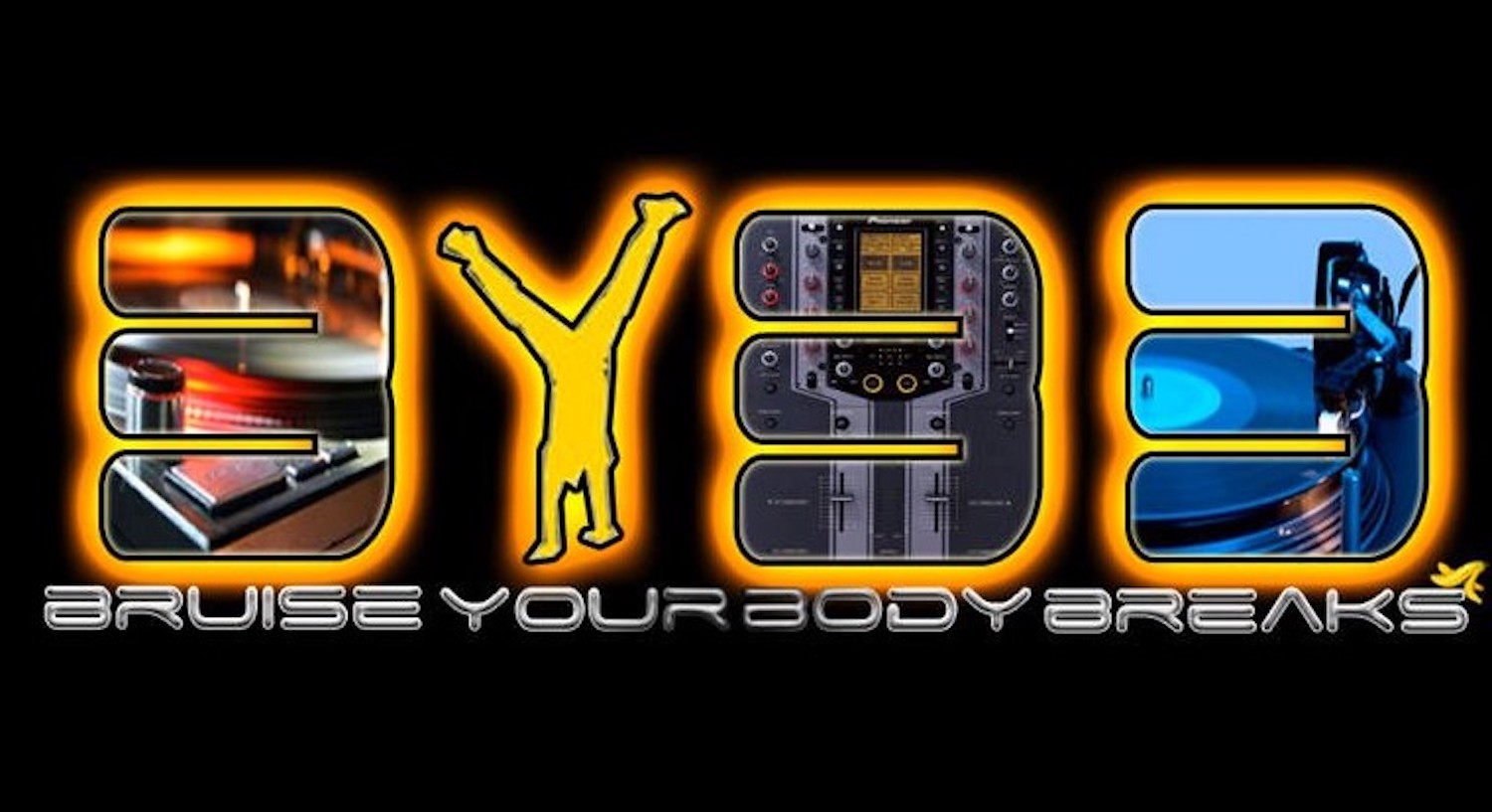 Bruise Your Body Breaks official logo, BYBB letters with turntable and Pioneer mixer imagery, orange neon glow on black